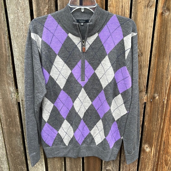 Turtleson Sweater Men's Medium Argyle Purple Gray Quarter Zip Pullover Mock Neck